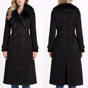 Burberry Shearling & Lamb Fur Belted Long Trench Coat Size 10 Large Black